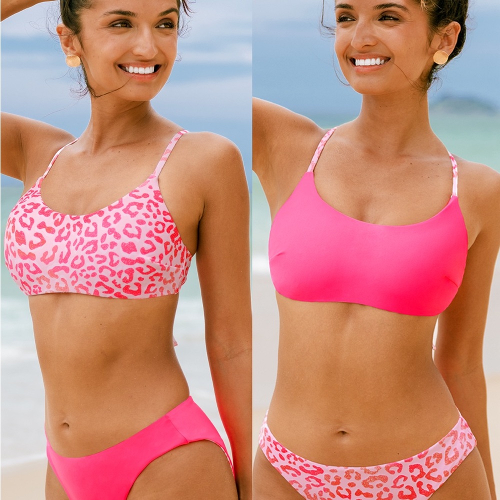 Reversible, pink, leopard bikini  bralette and bottom set